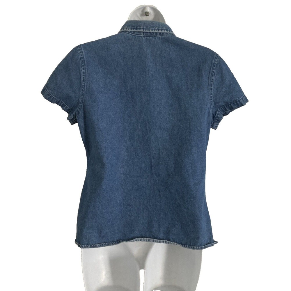 Basic Editions Shirt Womens Small Blue Denim Embroidered Short Sleeve Blouse Y2K - Picture 8 of 10